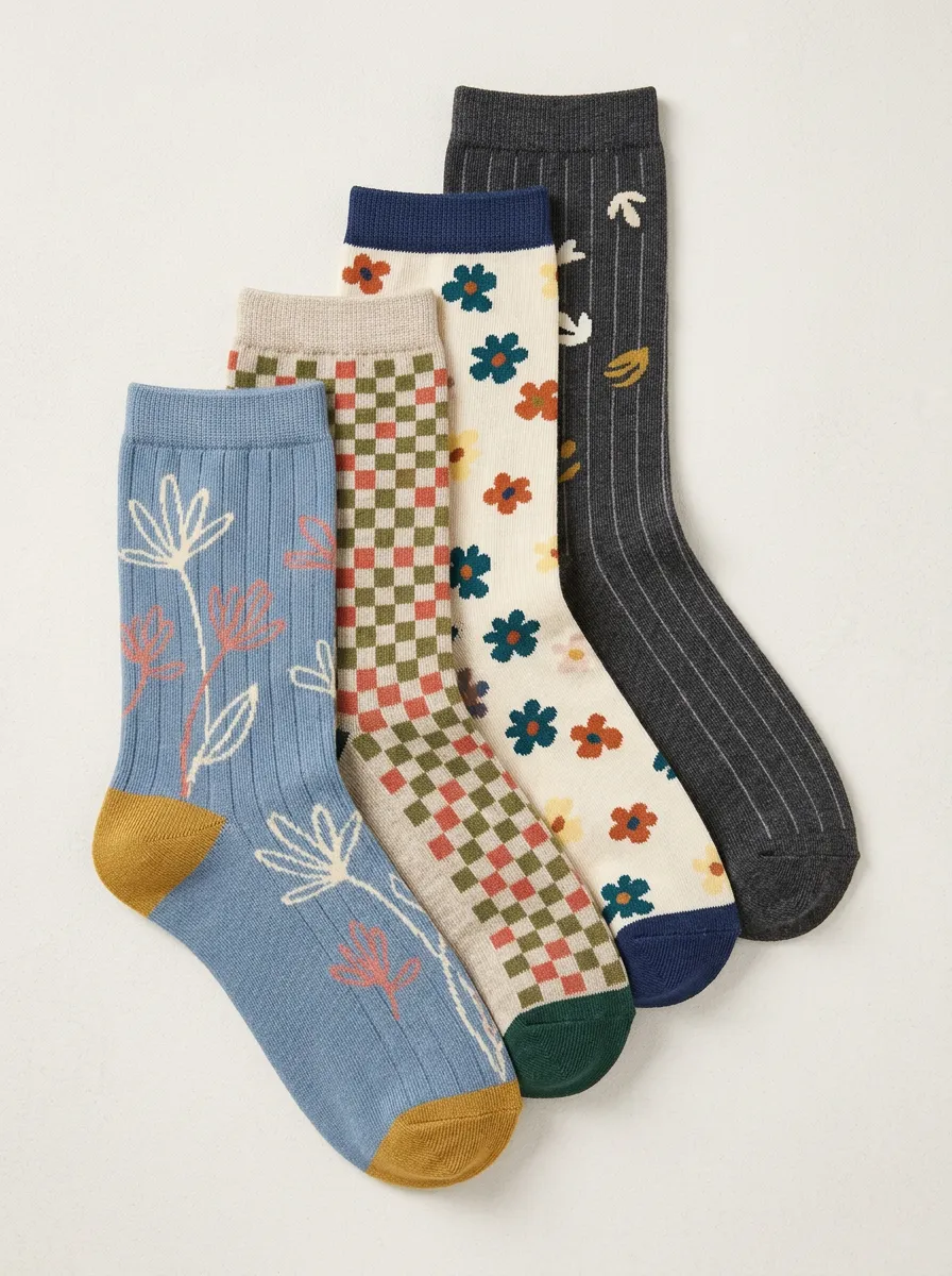 Relaxed Floral Striped Detail Women's Four Pair Socks