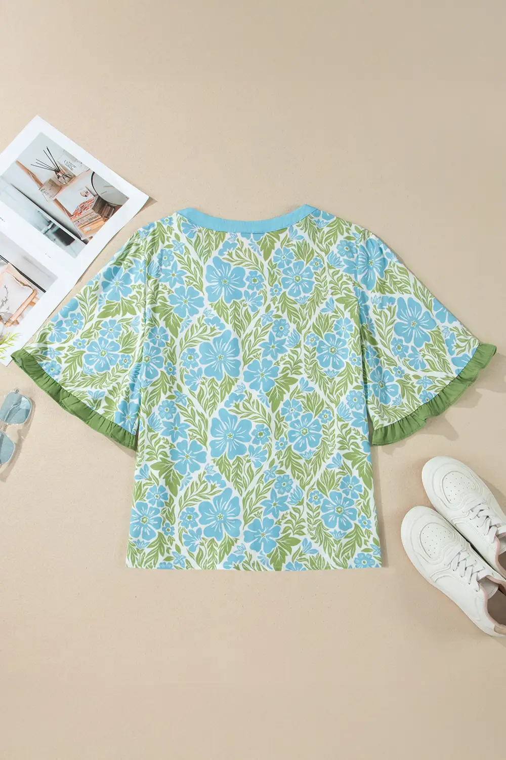 Floral Ruffle Trim Half Sleeve Blouse