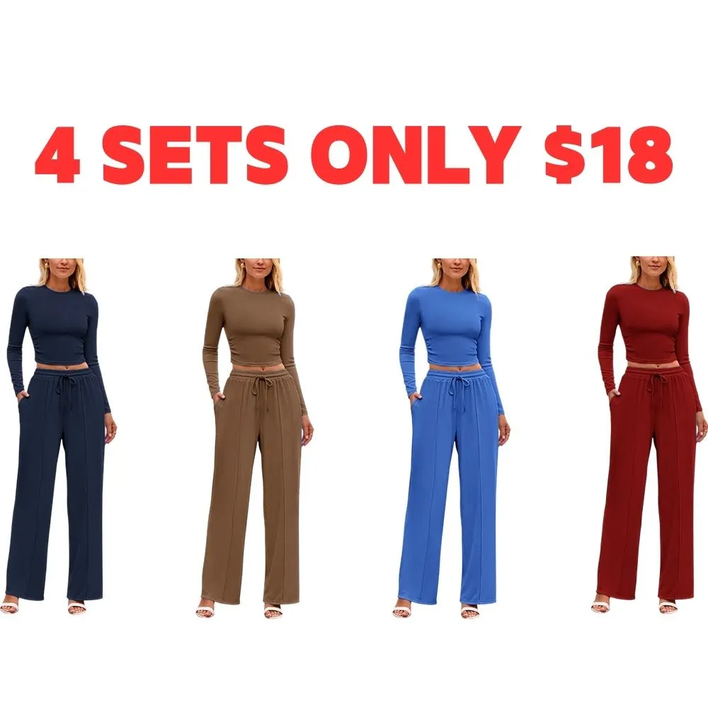 Women's 2-Piece Ribbed Knit Long Sleeve Crop Top Wide Leg Pants Matching Lounge Set Loungewear