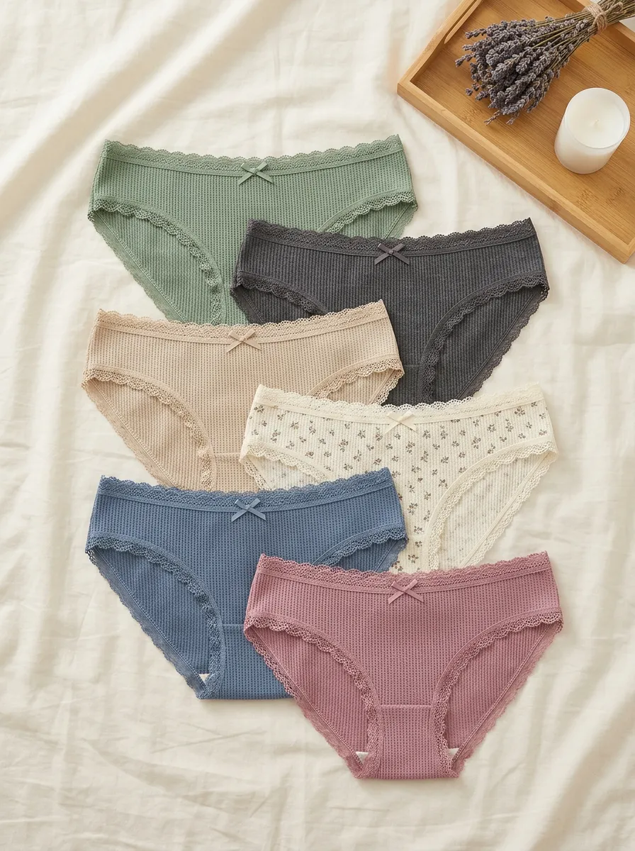 Women's Waffle Knit Floral Lace Trim Printed Panties 6-Pack