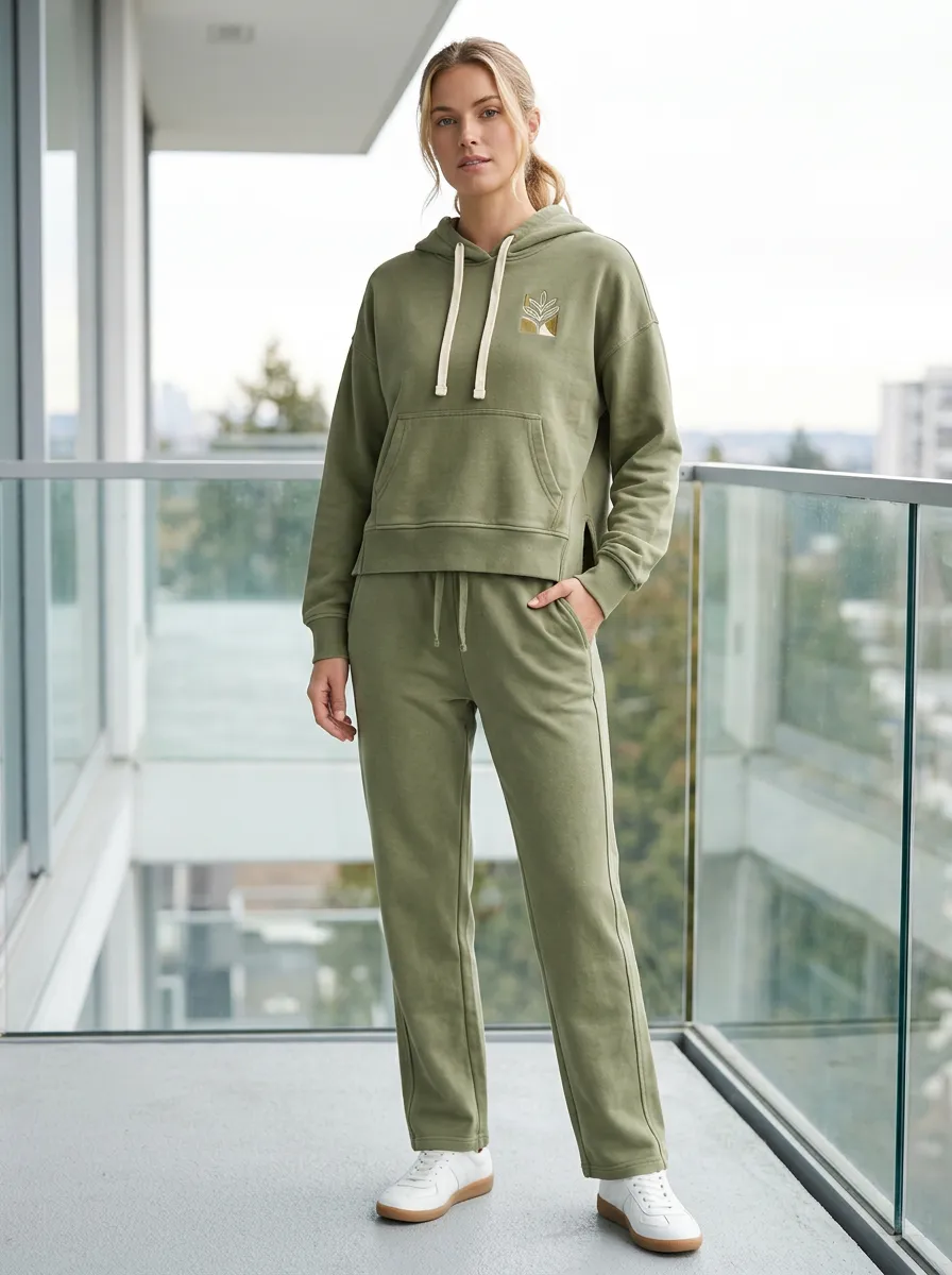 Women's Botanical Minimalist Olive Printed Hoodie Sweatpants Set