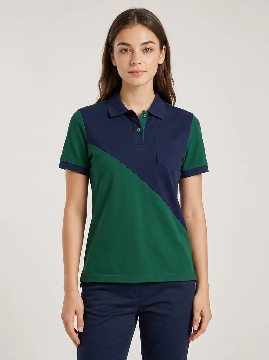 Women's Casual Sporty Navy Green Colorblock Printed Polo Shirt