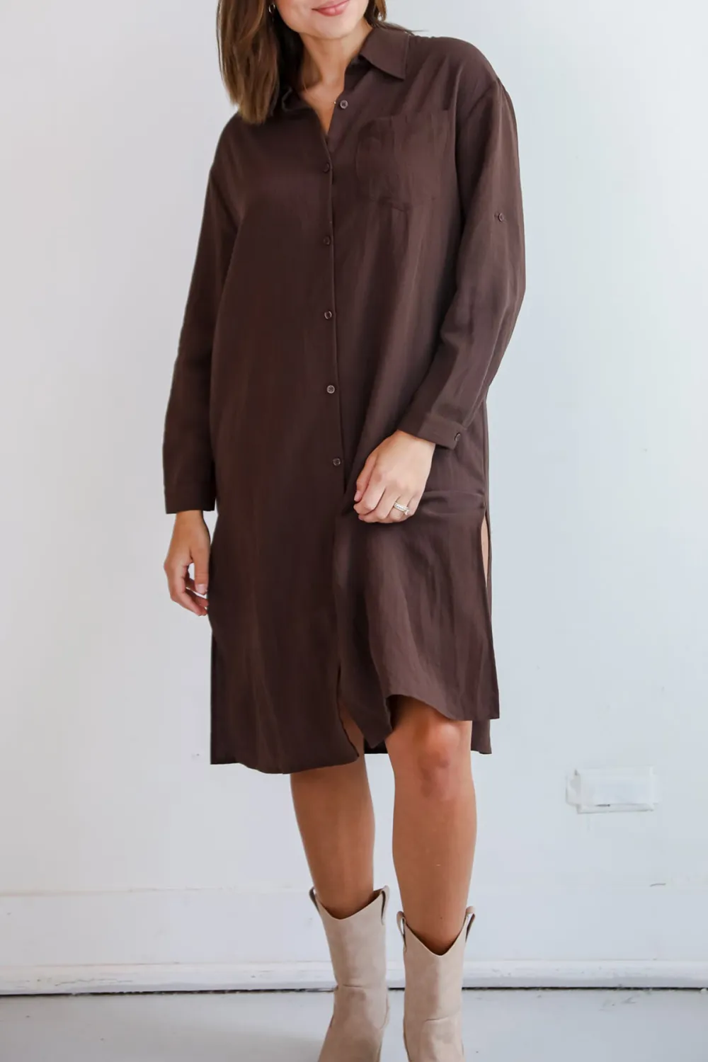 Brown Button Front Midi Dress