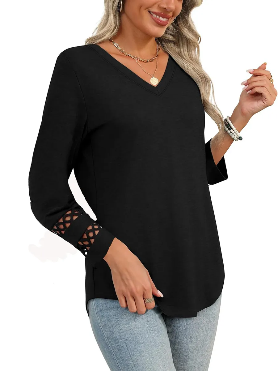 Long Sleeve Relaxed Cutout Panel Detail V-Neck T-Shirt