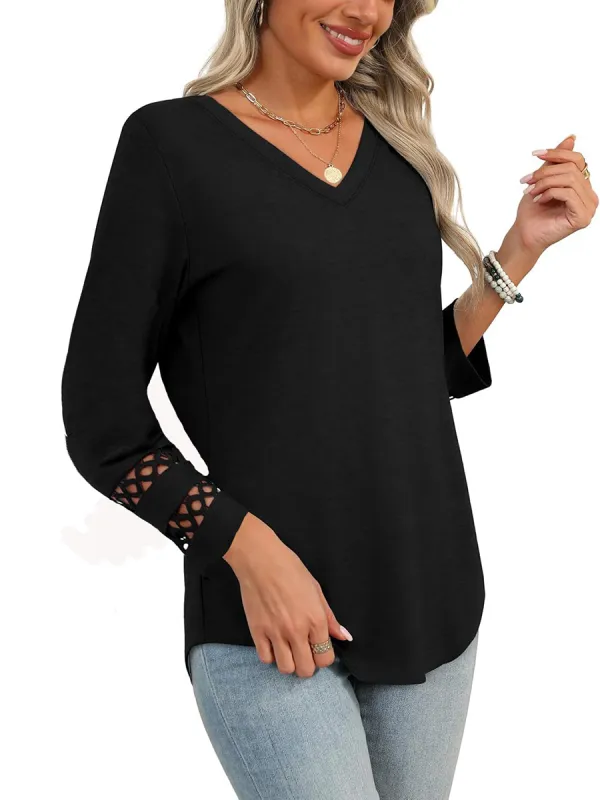 Long Sleeve Relaxed Cutout Panel Detail V-Neck T-Shirt