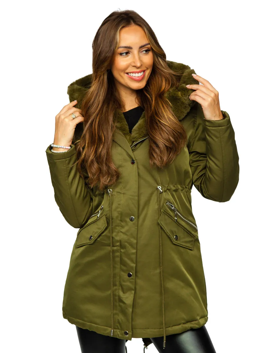Khaki women's winter parka with hood