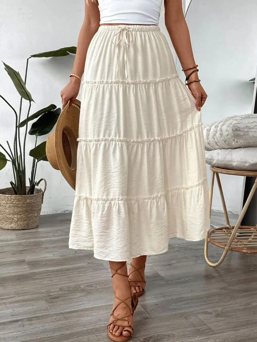 Natural Drawstring Frill Skirt