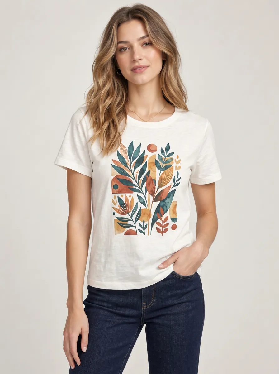 Women's Botanical Abstract Leaves Off Duty Printed Tee
