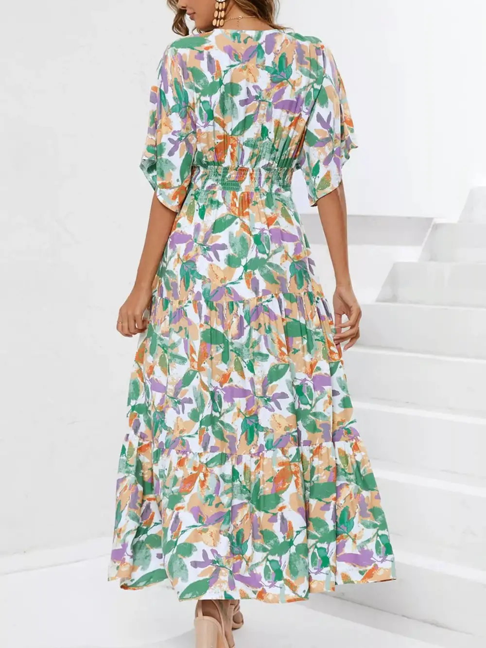 V-Neck Ruffle Hem Flowy Midi Dress