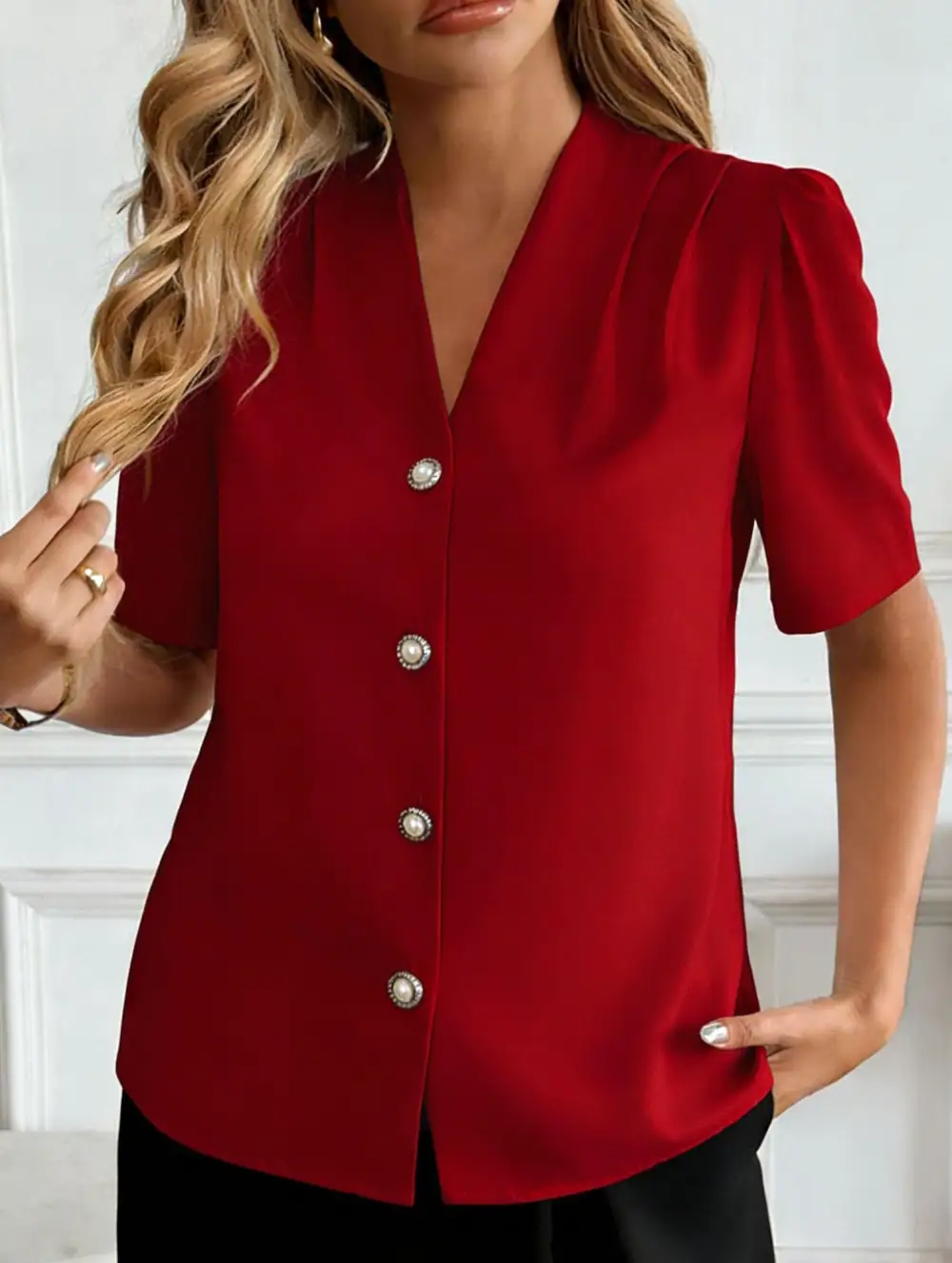 V Neck Button Short Sleeve Shirt