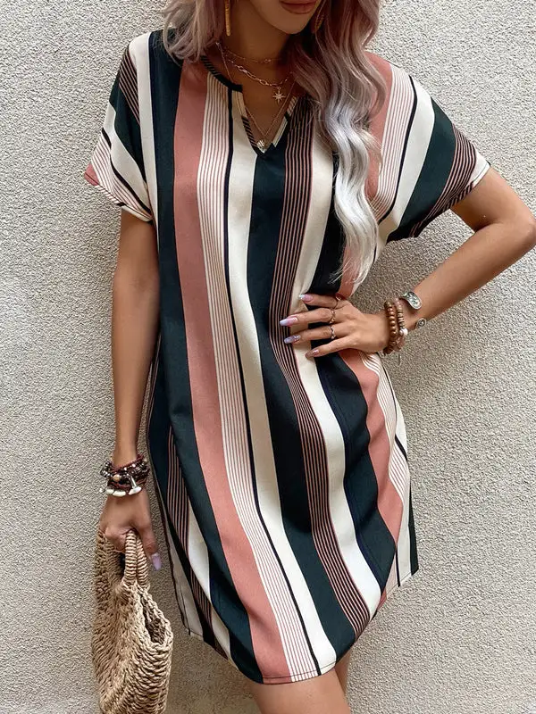 A Line High Waisted Striped V Neck Mini Dress