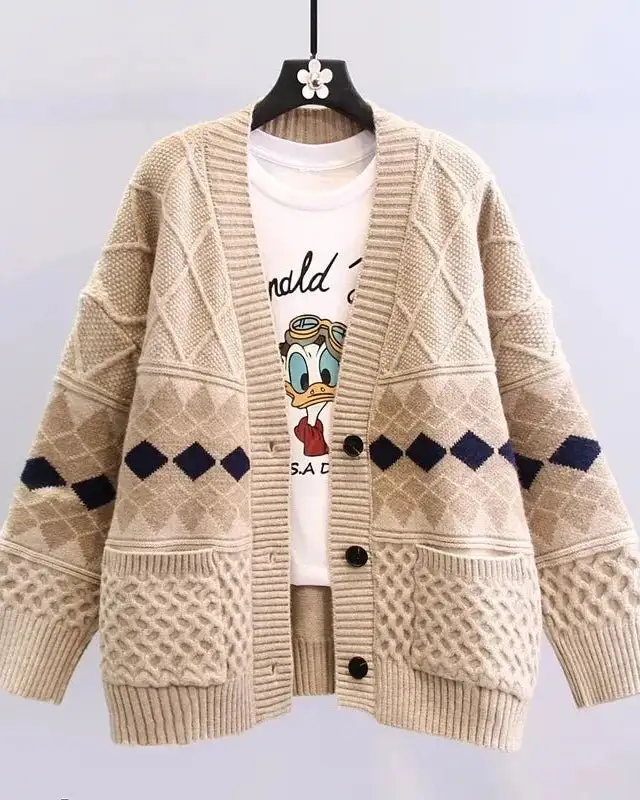Acrylic-Blend Polyester-Blend Button-Front V-Neck Cardigan