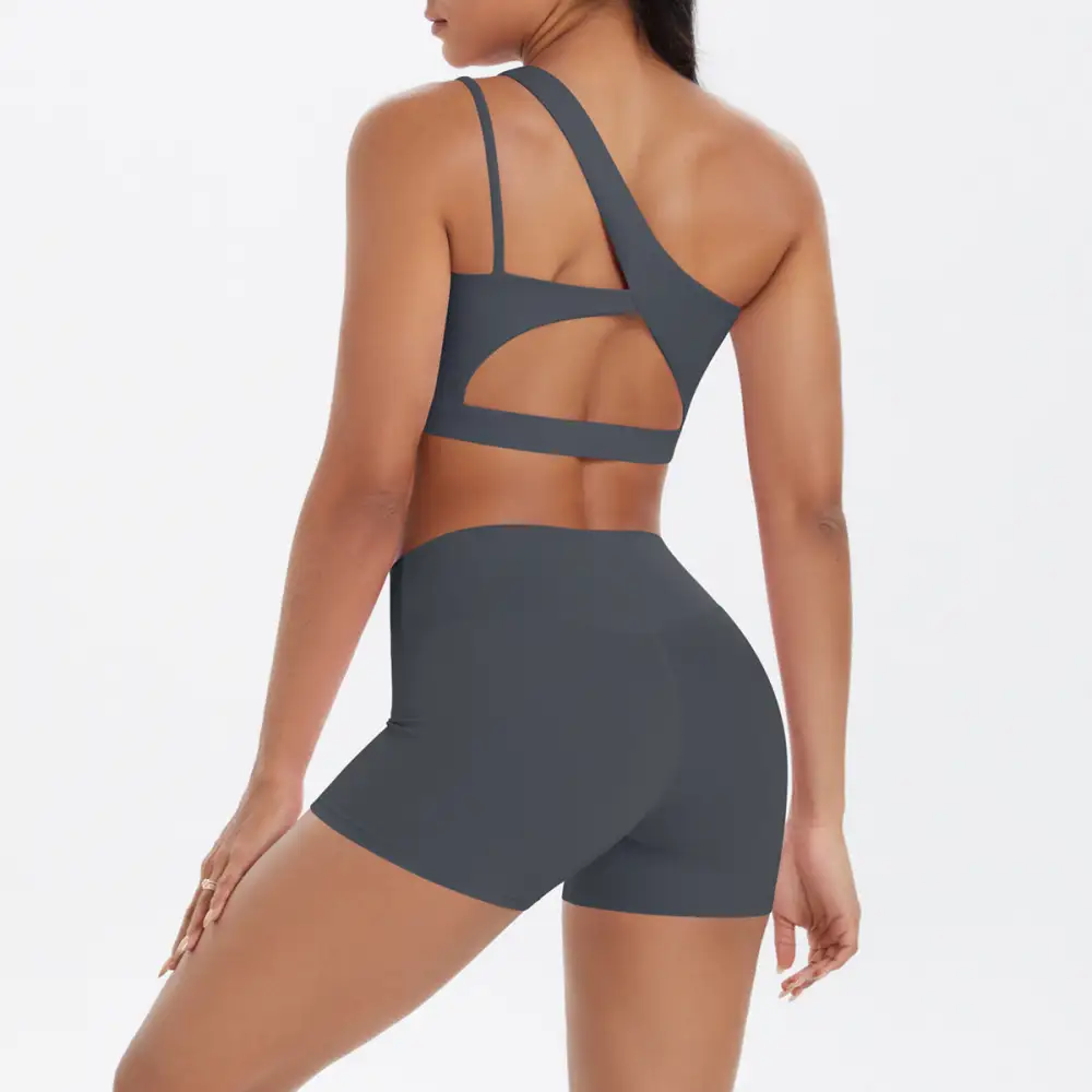 One-Shoulder Backless Bra, Vest and Shorts Active Set