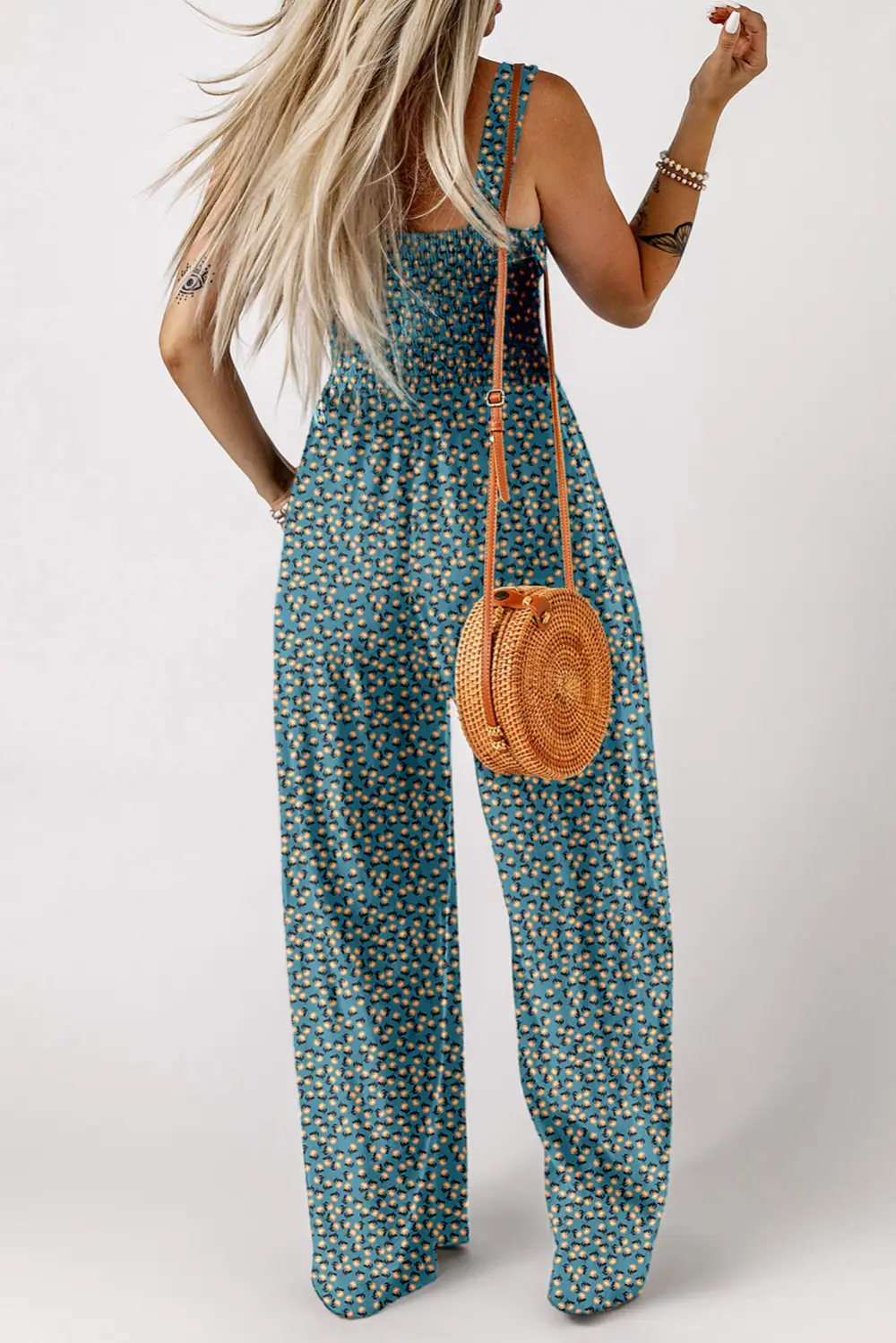 Floral Square Neckline Stretch High Waist Jumpsuit