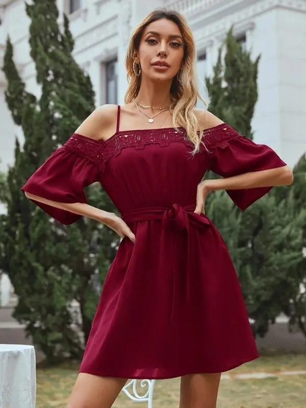 Women Solid Cold Shoulder Belted Dress