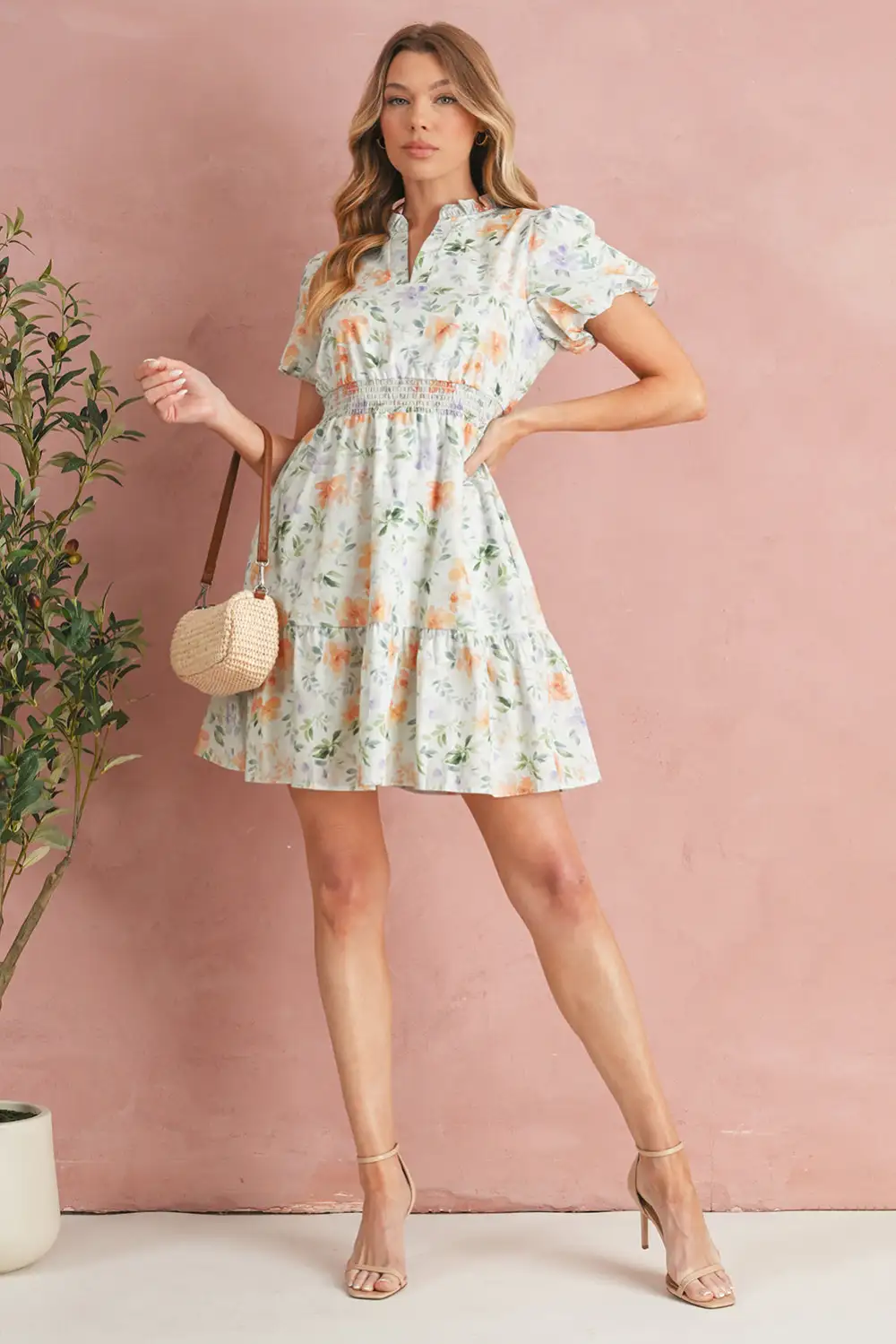 Clean Line Floral Printed Smocked Mini Dress