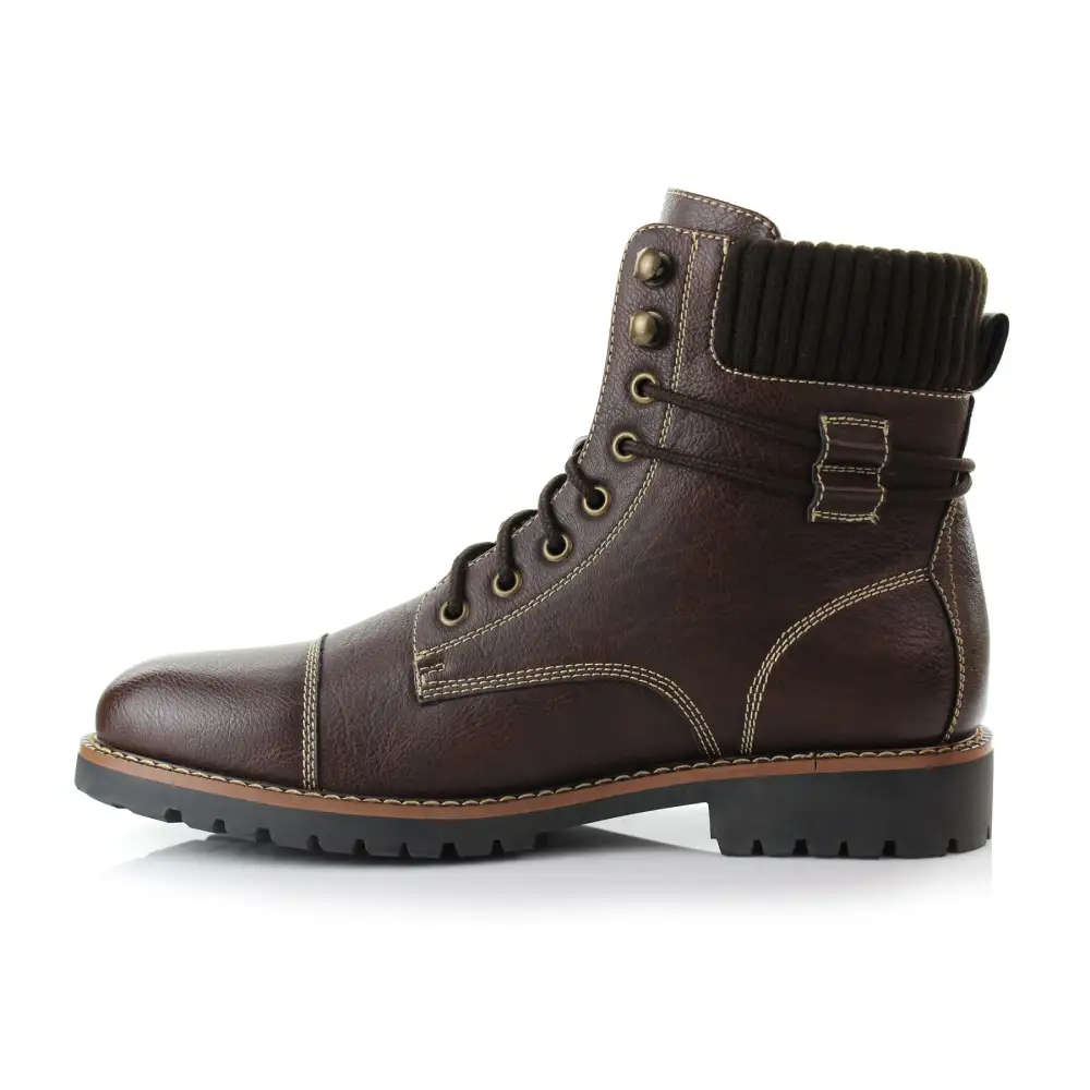 Faux-Leather Lace-Up Stitched Motorcycle Boots