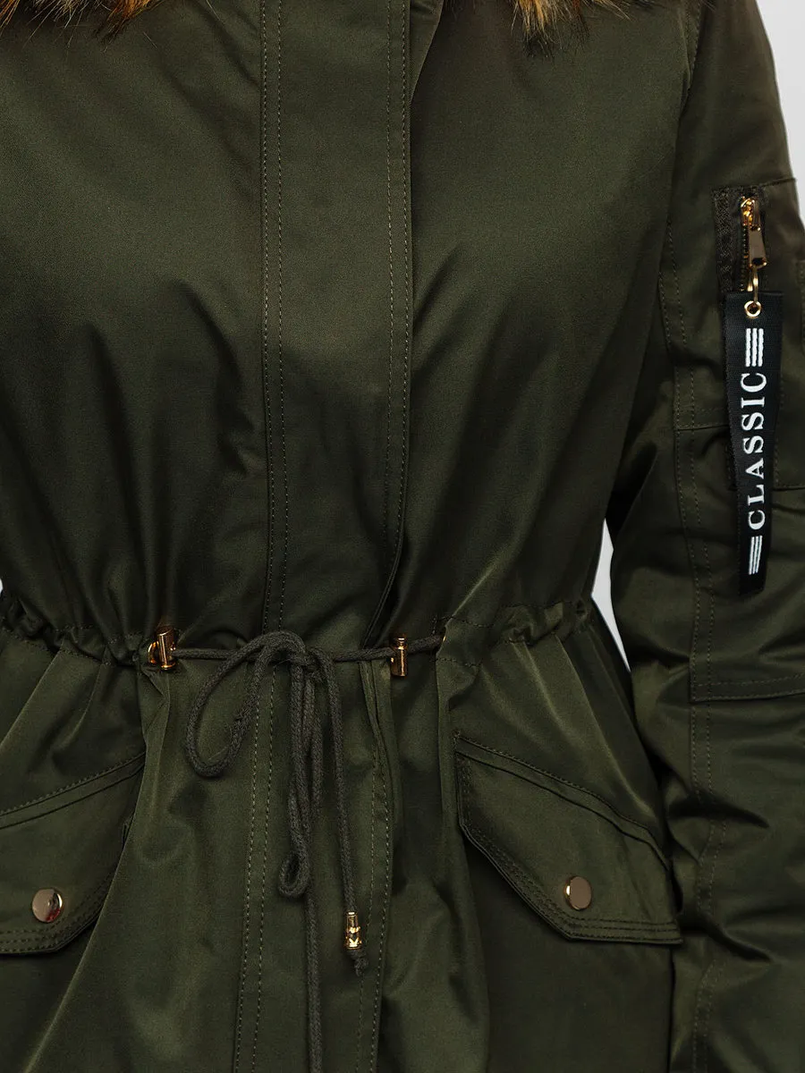 Khaki women's winter parka jacket with hood
