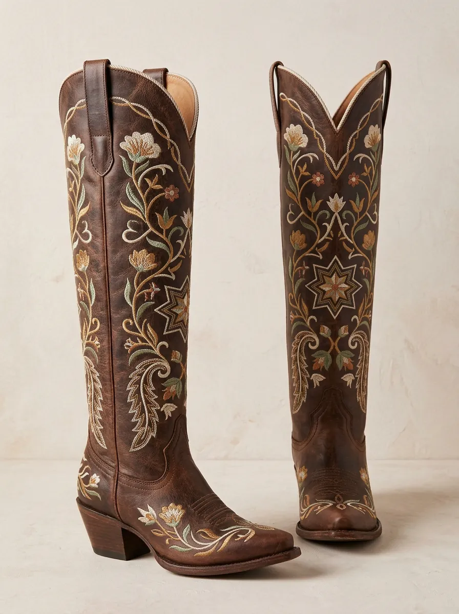 Women's Western Floral Geometric Star Embroidered Pointed-Toe Block-Heel Denim Over-the-Knee Boots
