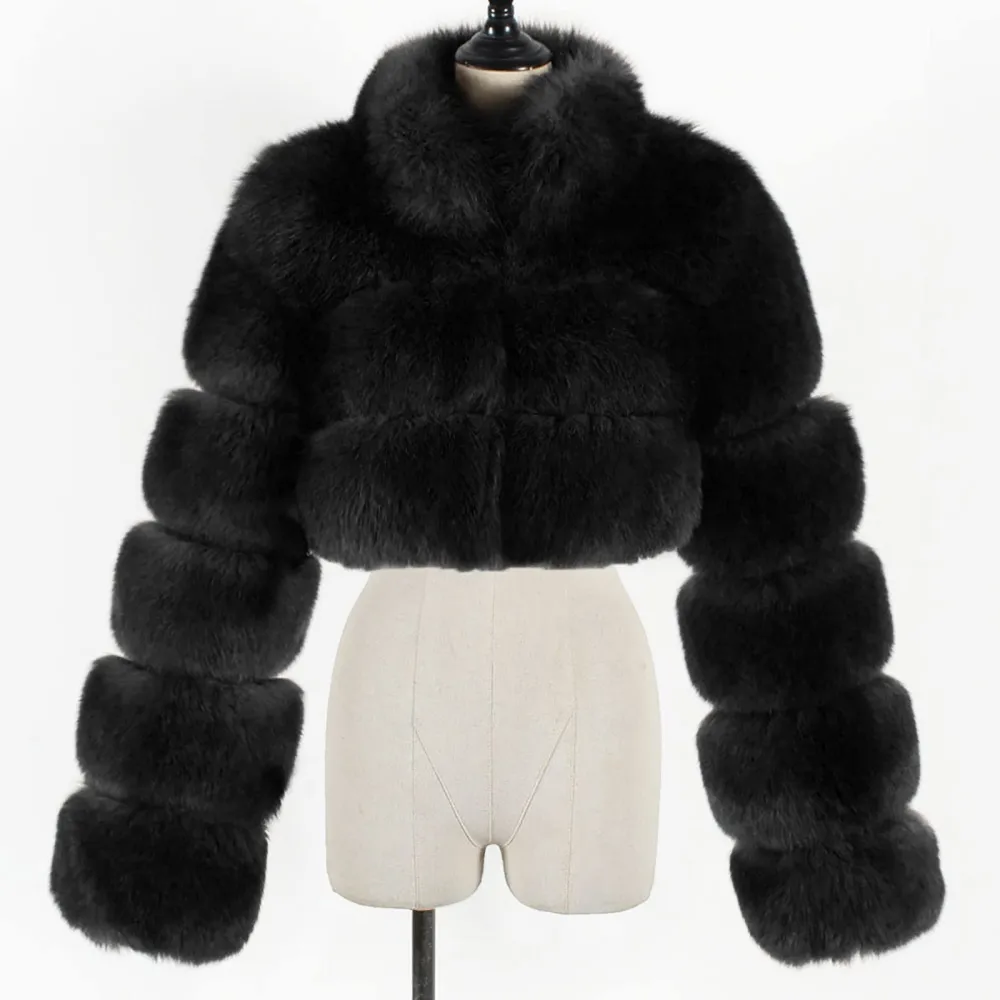 X1-Black Faux Fur Coat Women with Hood Cropped Bubble Coats Fleece Short Warm Jackets Plus Size Winter Coats for Women