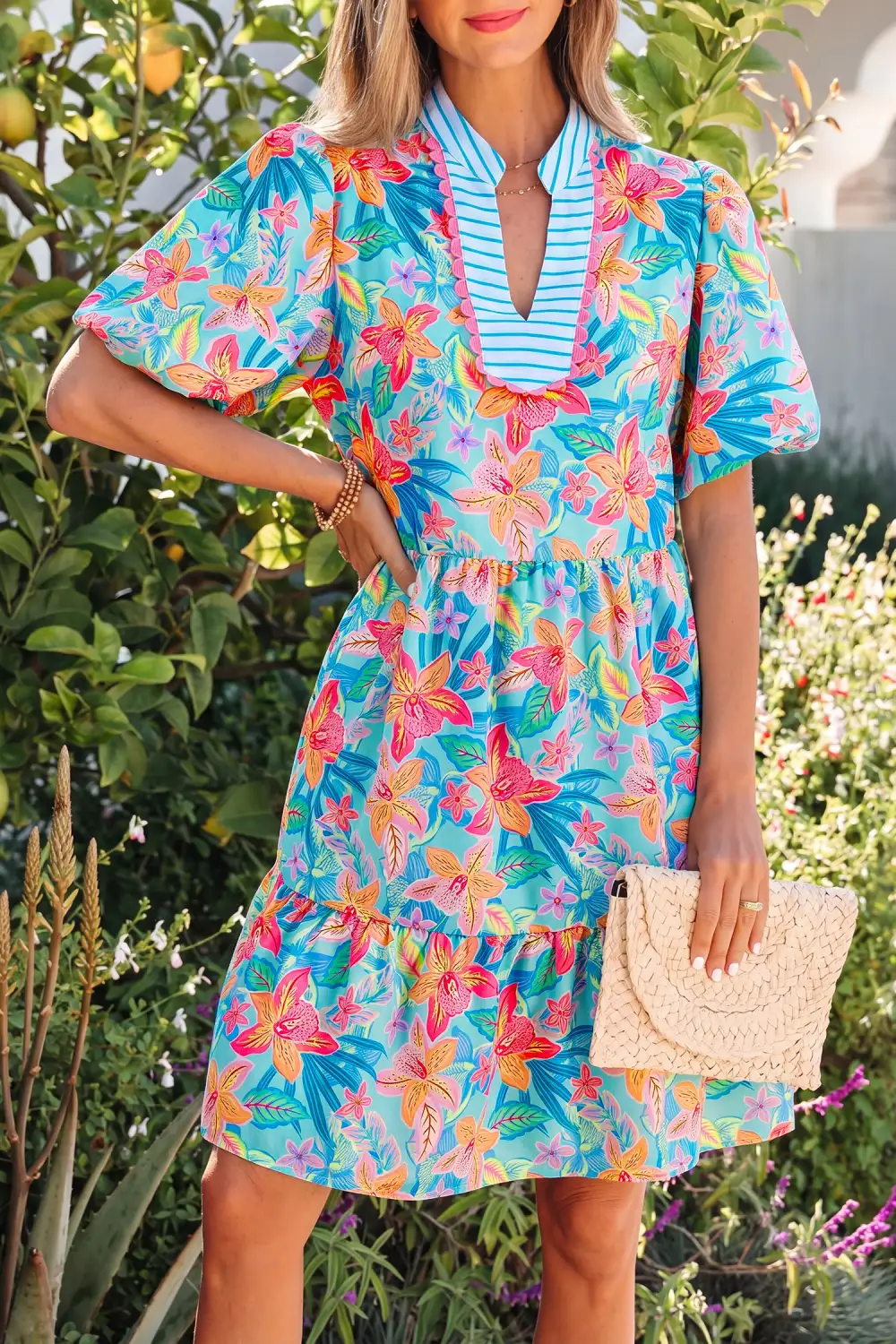 Floral Striped Contrast Trim Mini Dress