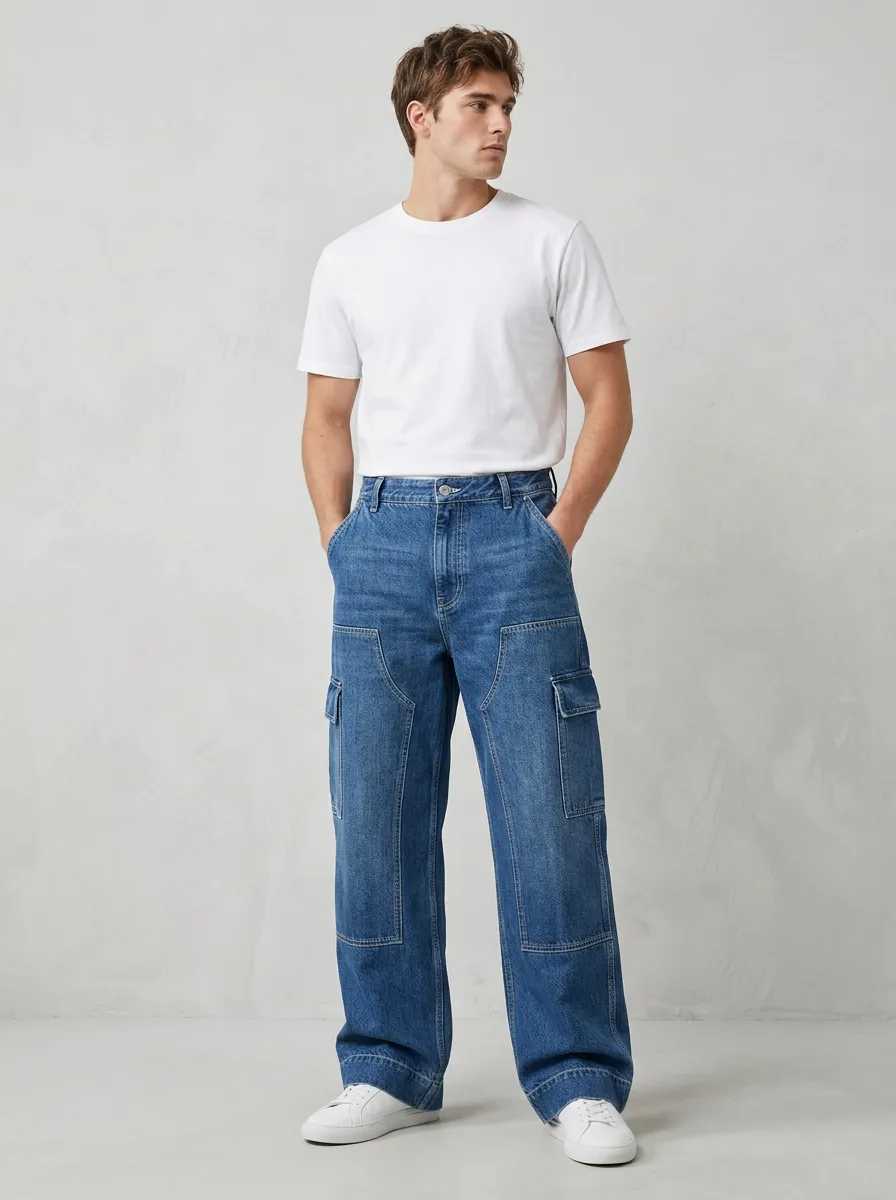 Wide Leg Pocket Detail Streetwear Casual Men's Loose Fit Jeans