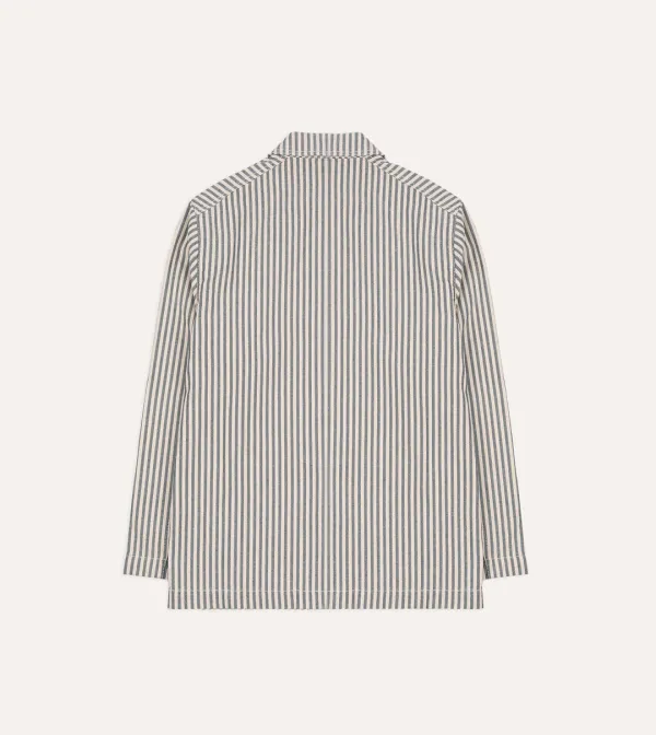 Blue And Ecru Stripe Cotton-Linen Deck Chore Jacket Casual Style
