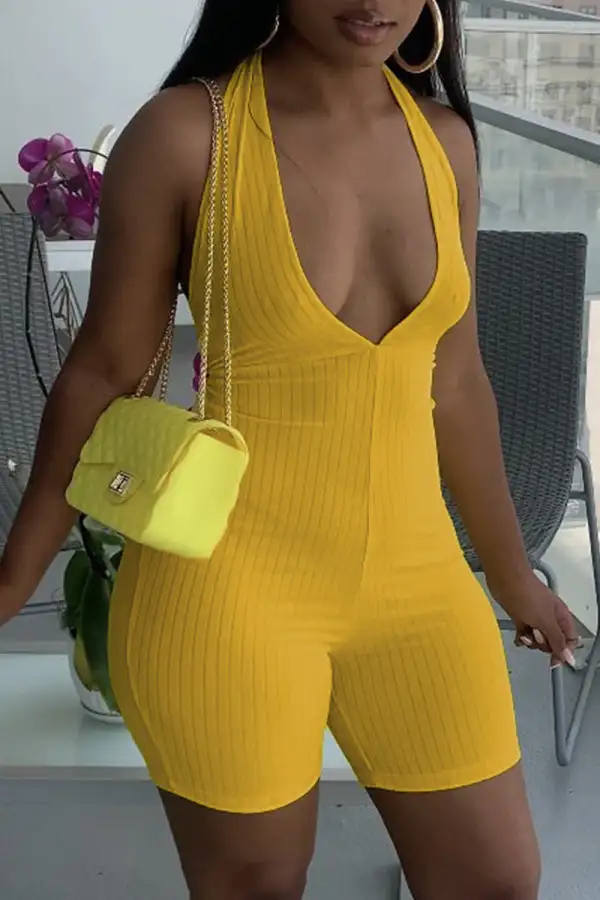 Sexy Casual Solid Backless Halter Sleeveless Skinny Romper
