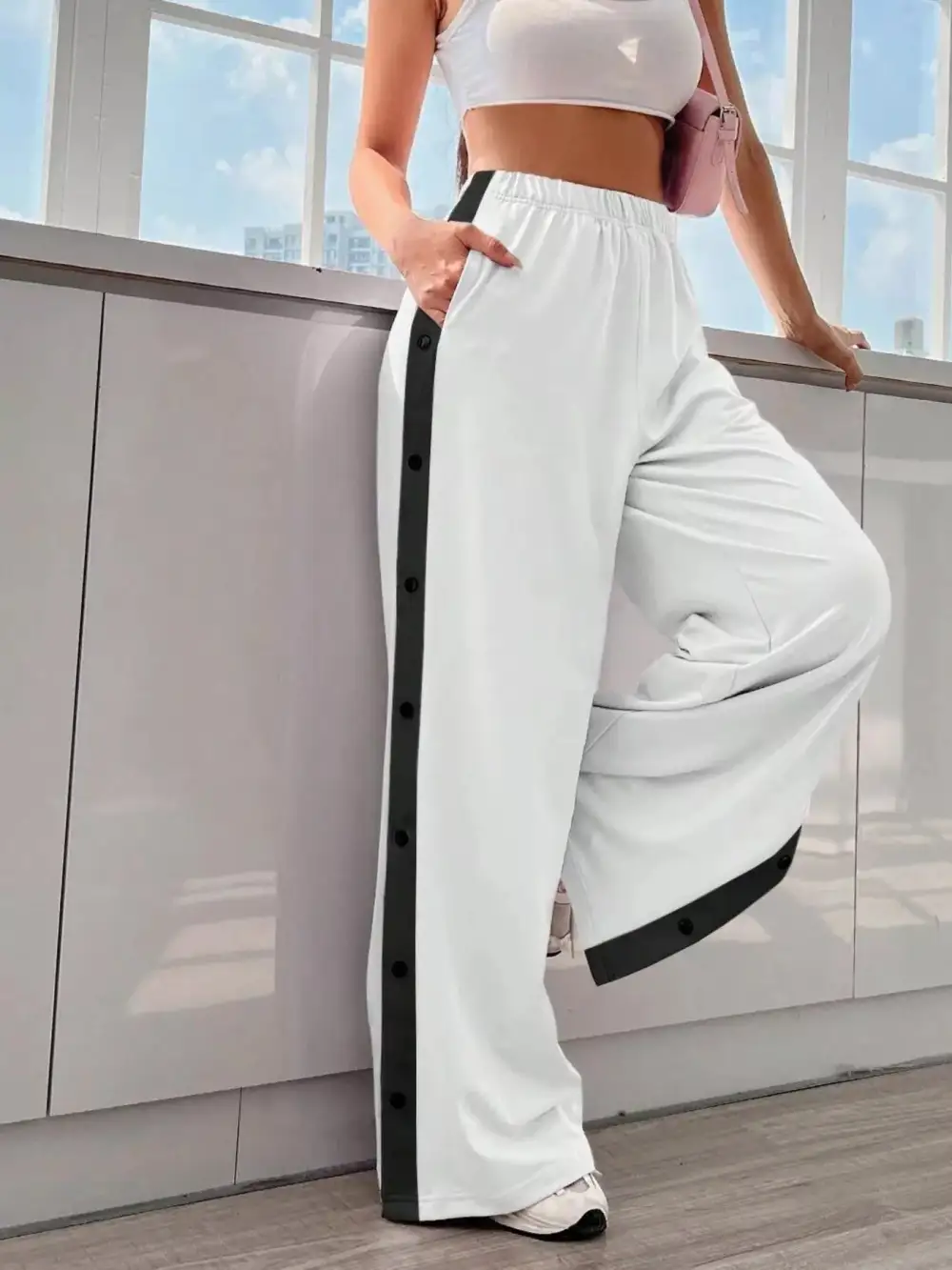 Two Tone Side Snap Wide Leg Pants