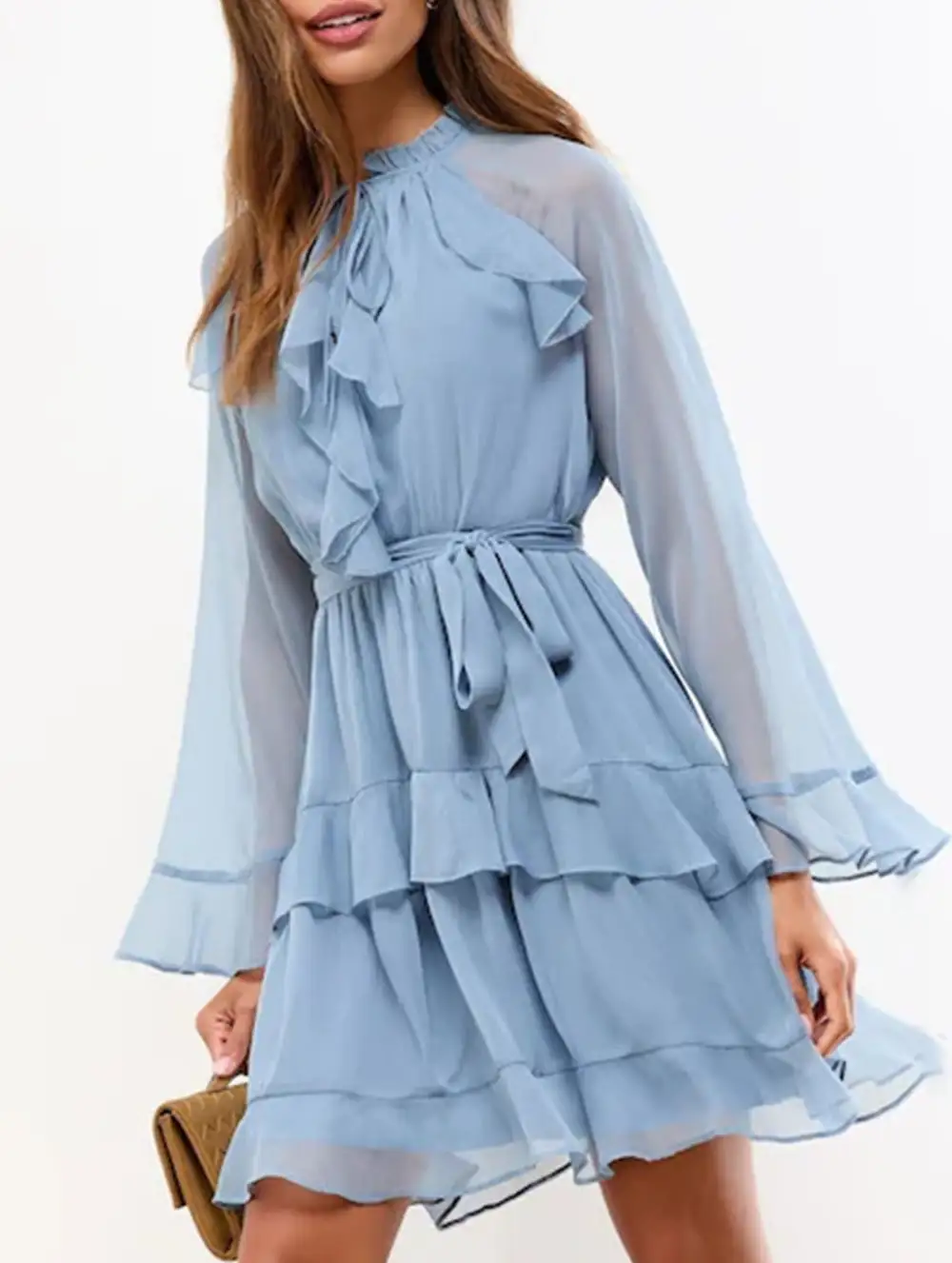 V-Neck Ruffle Bell Sleeve Slim Dress