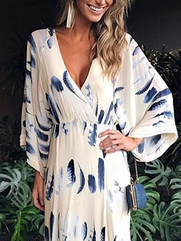 Sexy Floral Print Long Sleeves Vacation Maxi Dress