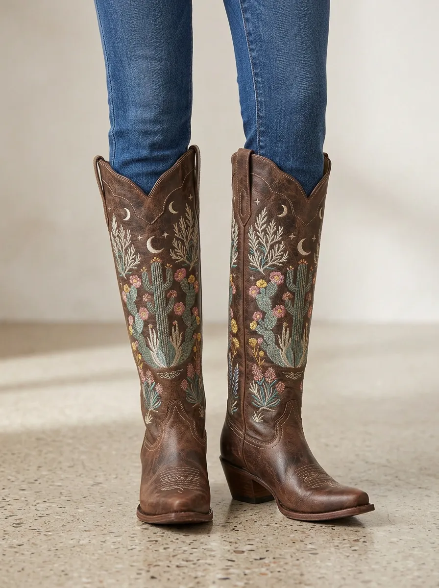 Women's Cactus Floral Western Denim Over-the-Knee Boots