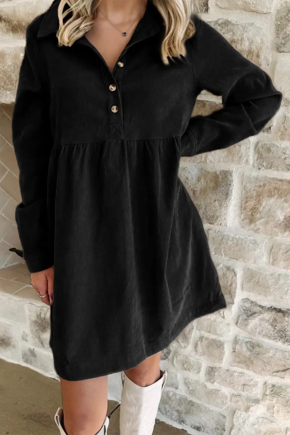 Corduroy Half Button Long Sleeve Mini Dress