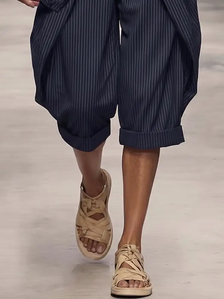 Men's Casual Pinstripe Rolled Hem Cargo Shorts