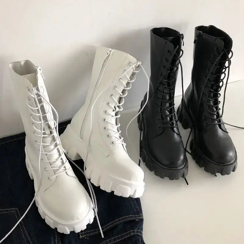 Lace-Up Square-Heel Platform Knee-High Boots
