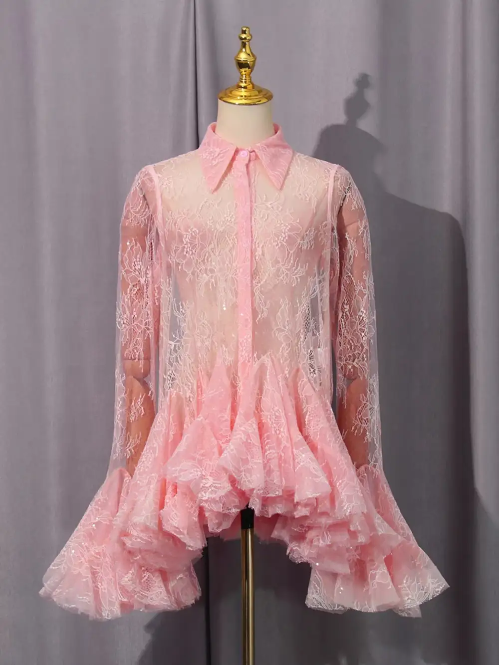 Lace Ruffle Long Sleeve Dress Casual