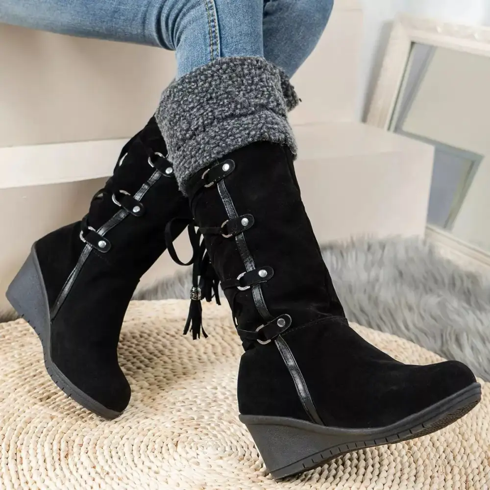 Suede Wedge Boots with Fur Cuff