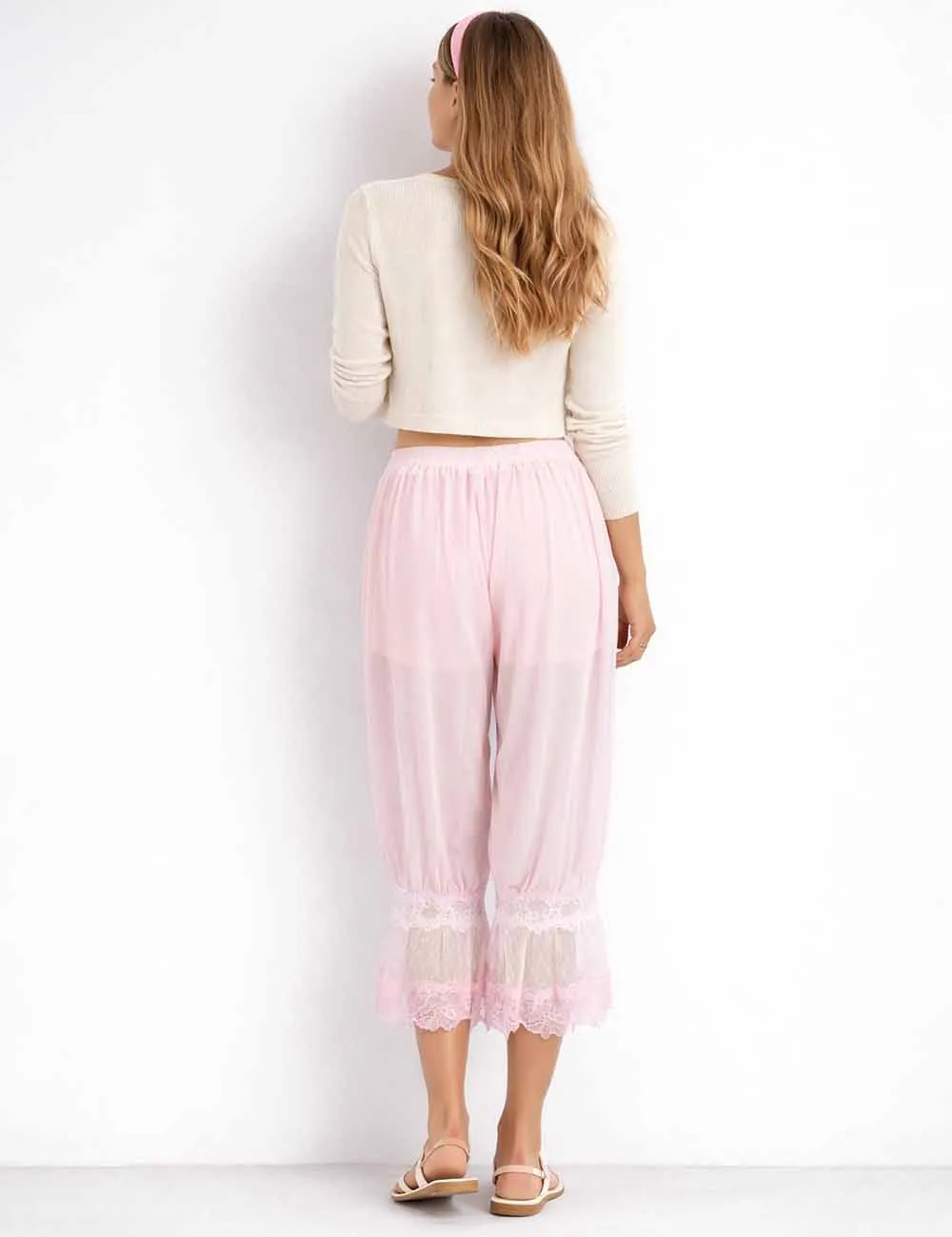 Sheer Lace Trim Bloomer Drawstring Waist Capri Pants