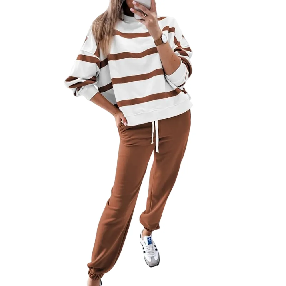 Women's Striped Two Piece Outfit Long Sleeve Drop Shoulder Pullover Tops & Jogger Pants