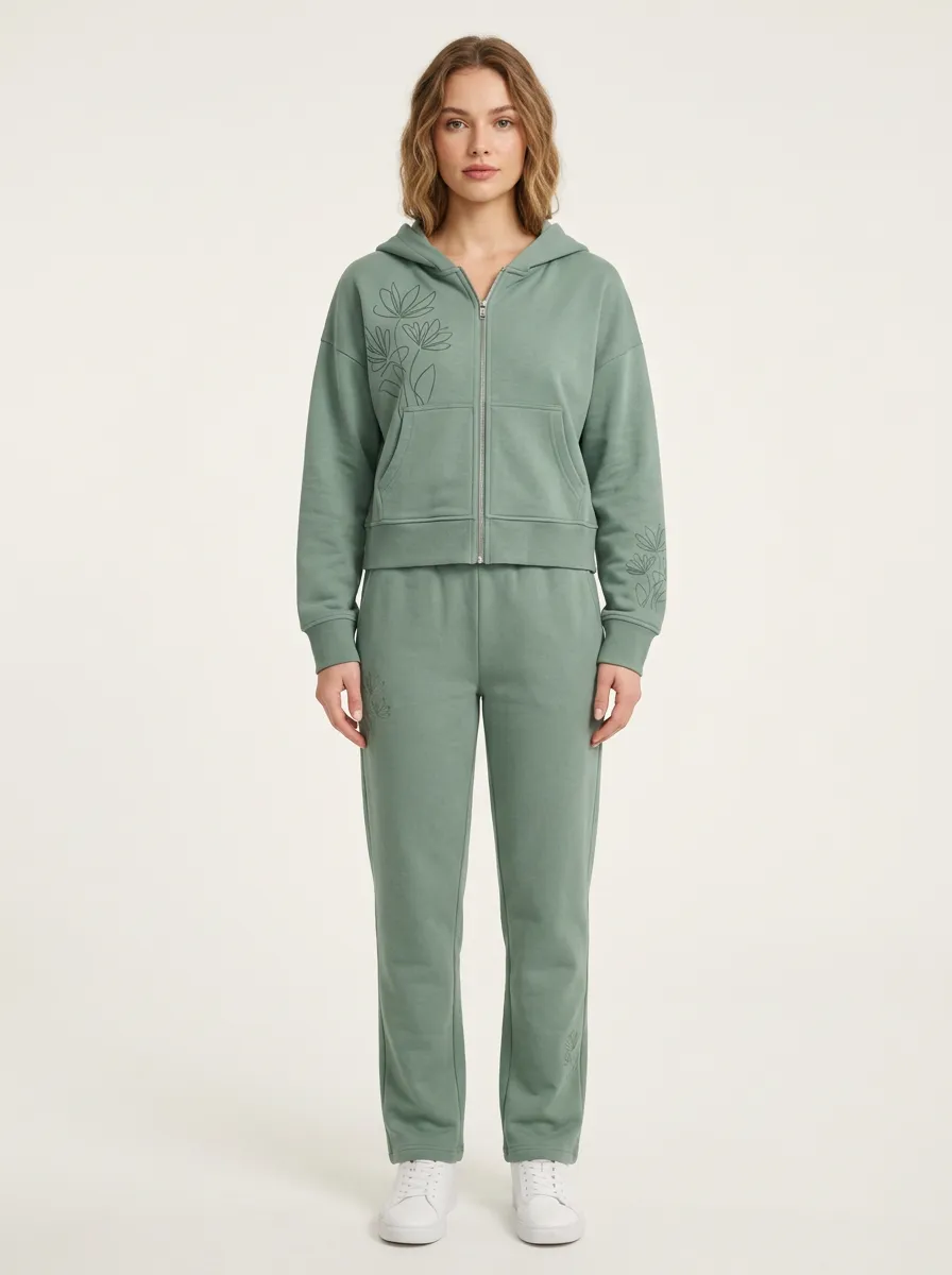 Women's Sage Green Straight-Leg Joggers Elastic-Waist Joggers Zip-Up Hoodie Jacket & Jogger Set