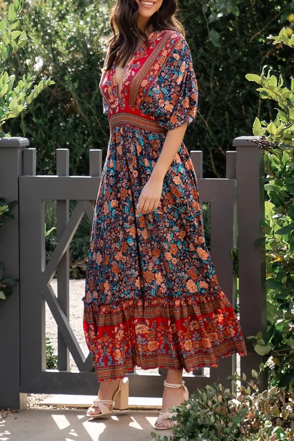 Unique Temperament Art V-Neck Floral Dress