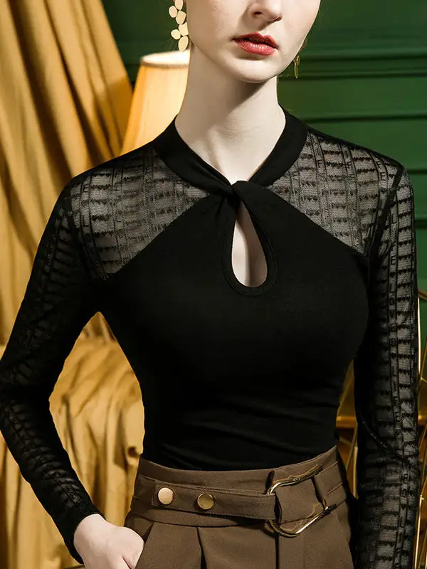 Long Sleeve Curve Fit Cutout Jacquard Panel Detail Round Neck T-Shirt