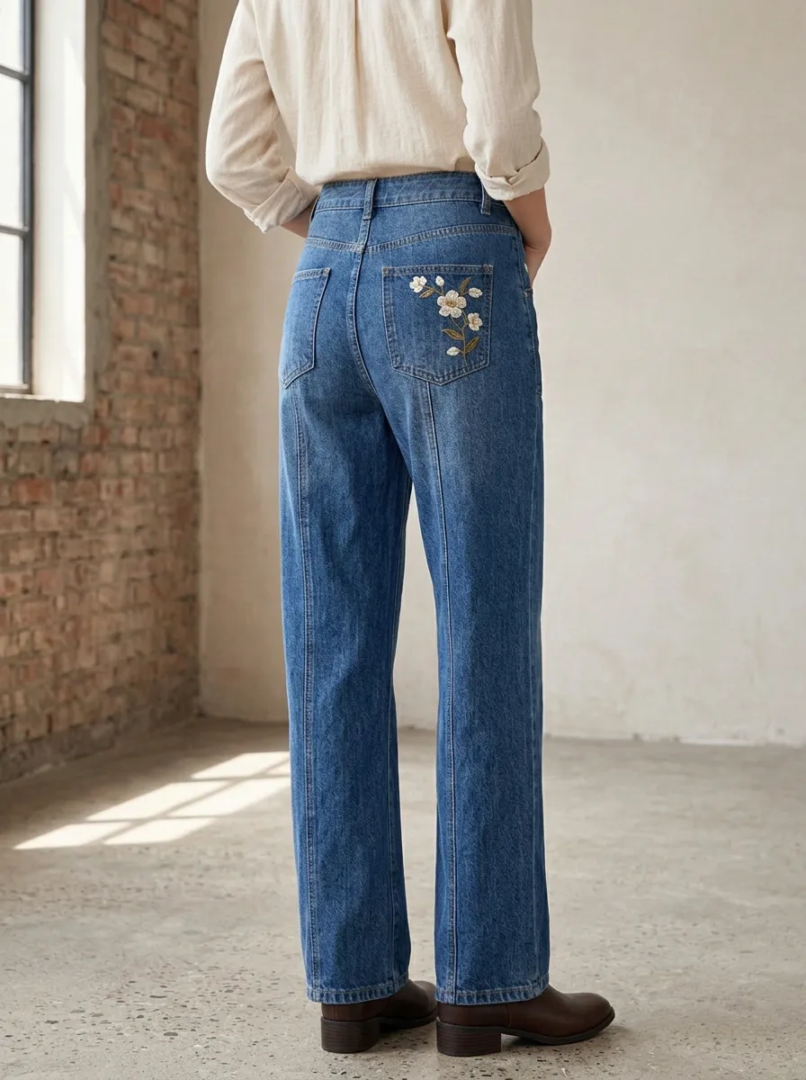 Women's Floral Embroidery High-Waisted Wide Leg Printed Jeans