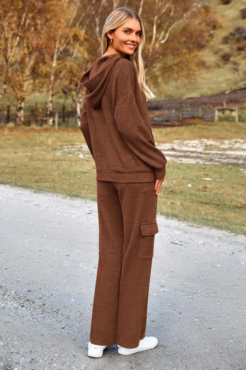 Women's 2-Piece Knitted Sets Hoodie & Wide Leg Pants with Pockets Drawstring
