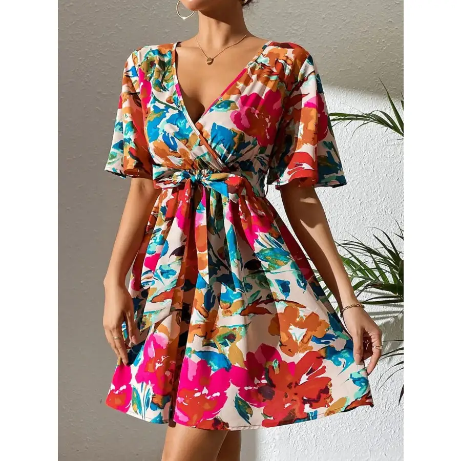 Printed Surplice Short Sleeve Mini Dress