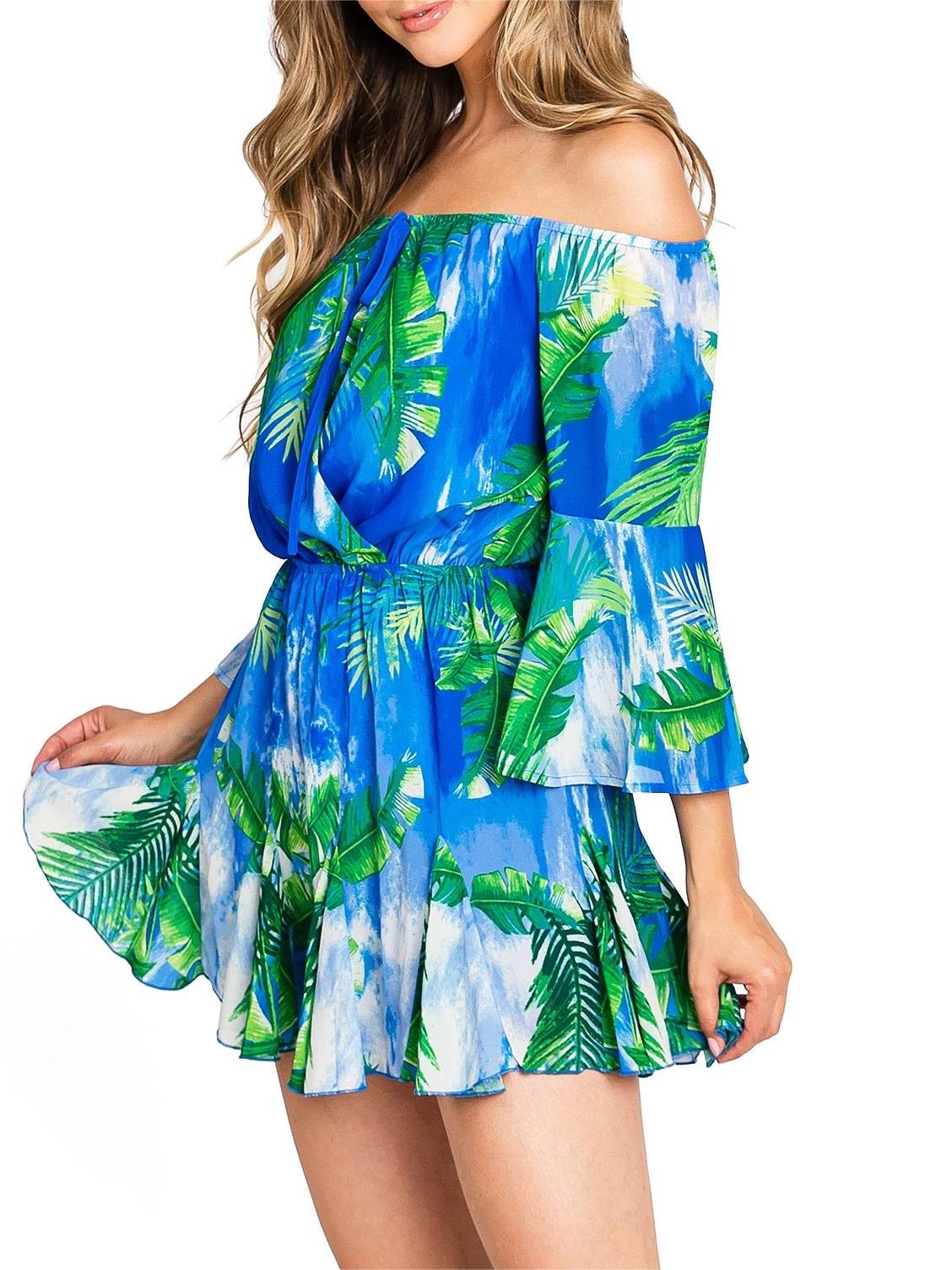 Blue Tropical Print Off - Shoulder Dress