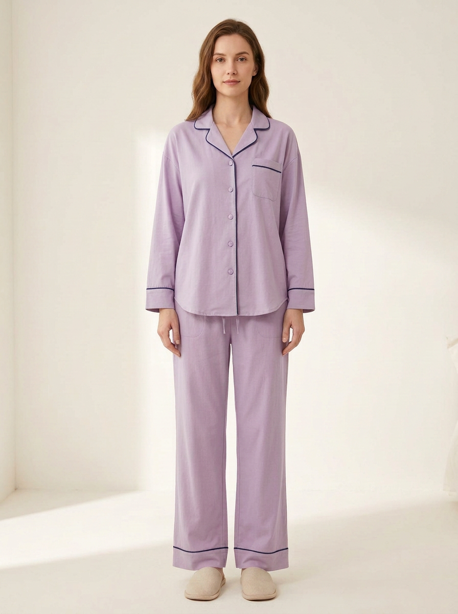 Women's Contrast-Piped Button-Down Drawstring Pajama Set