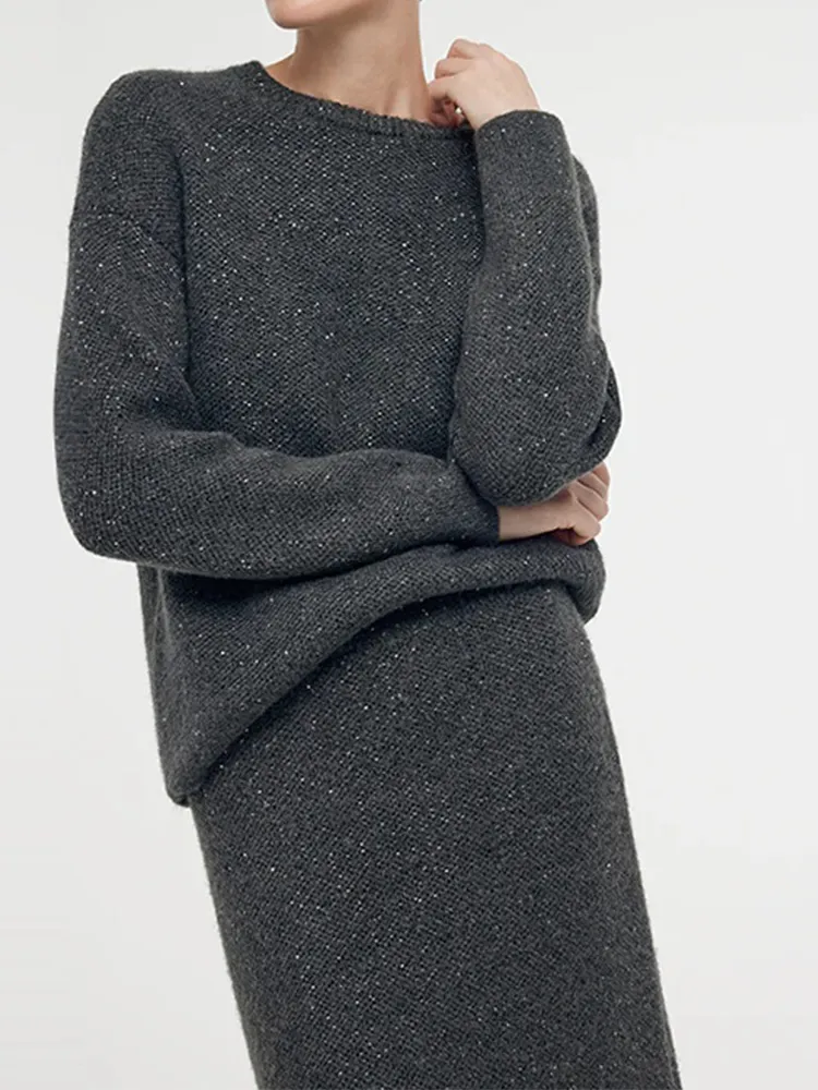 Charcoal Grey Wool Blend Sequins Women Sweater