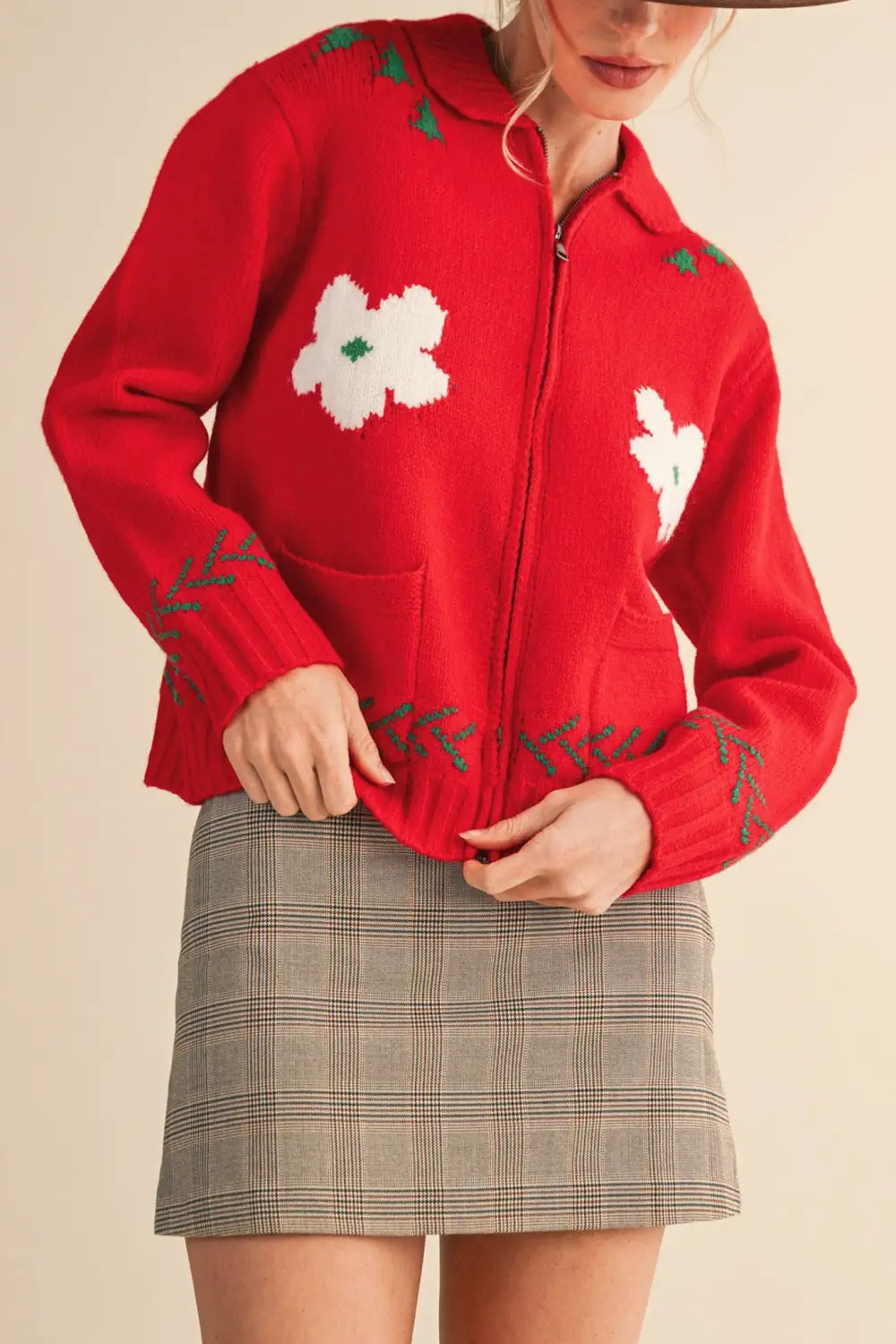 Floral Graphic Zip Front Collared Sweater