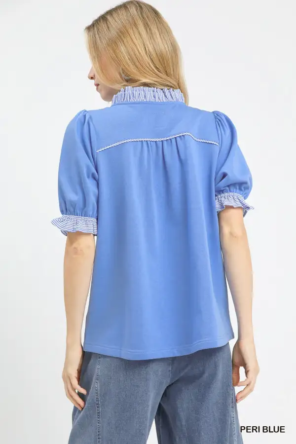 French Terry Ruffle Trim Puff Sleeve Top